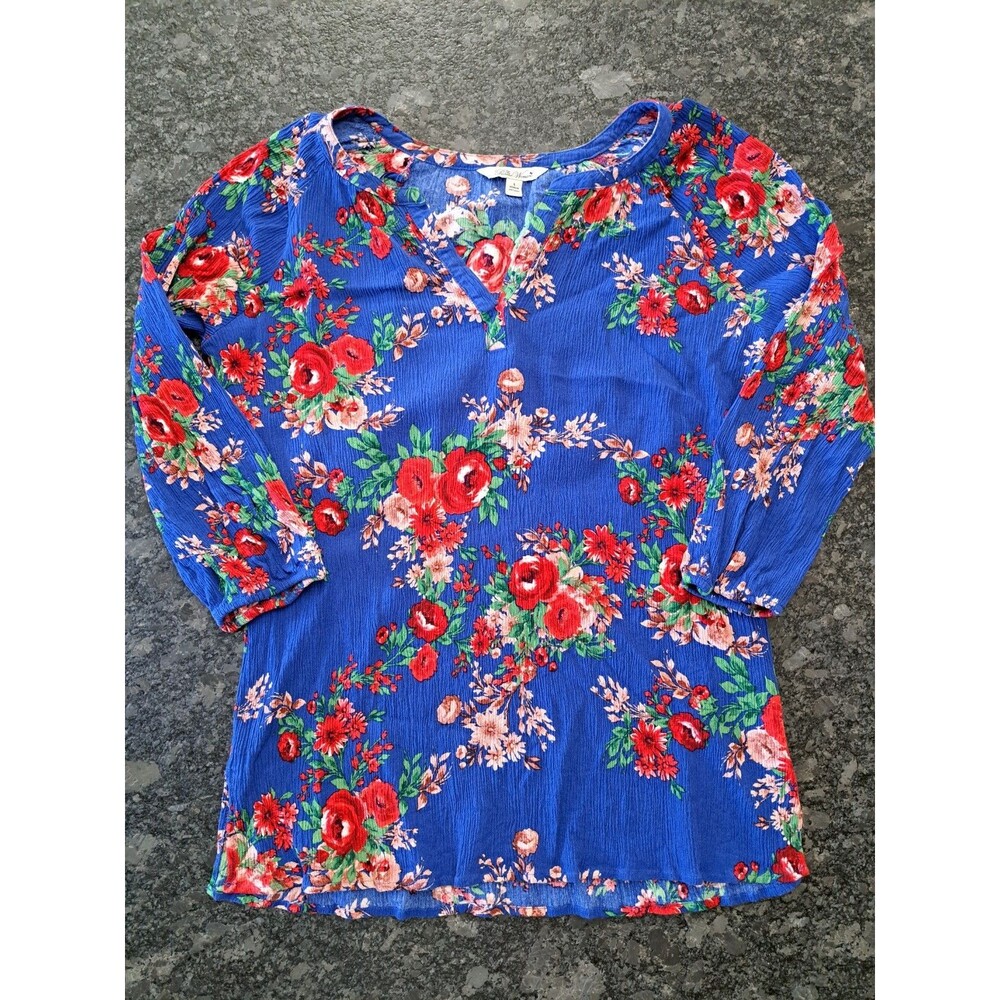 The Pioneer Woman V-Neck 3/4 Sleeve Blue Red Floral Rose Top Crinkle Blouse L